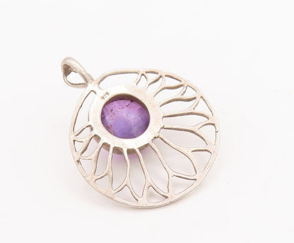 925 Sterling Silver Vintage Pendant Cutout Amethyst Round Flower  PT23296