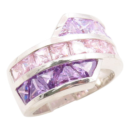 925 Sterling Silver Vintage Ring Amethyst & Pink Topaz Band  Sz 7.5  RG36250