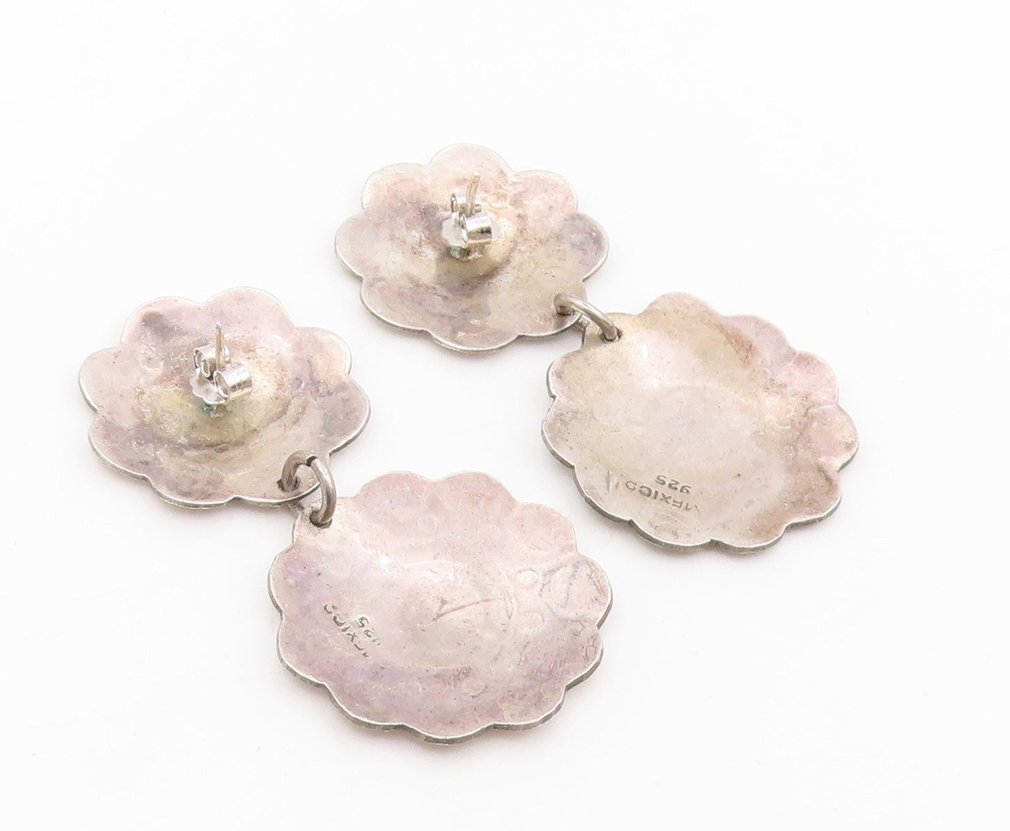 925 Sterling Silver Vintage Earrings MEXICO Etched Floral Concho Drop  EG14183