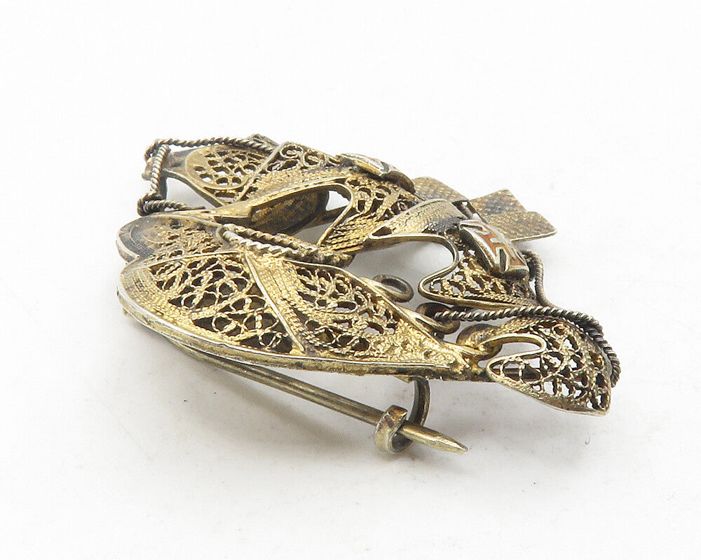 925 Sterling Silver  Vintage Filigree Sail Boat Ship Motif Brooch Pin  BP4368