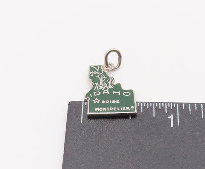 925 Sterling Silver Vintage Pendant Green Enameled mini Idaho Carved Map PT22695