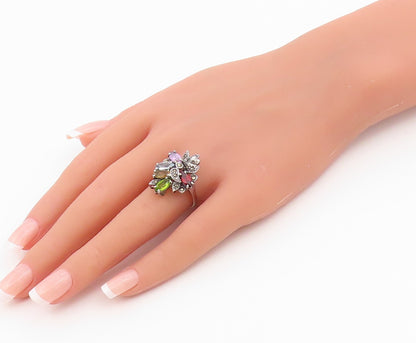 925 Sterling Silver Vintage Ring Multi Gemstone Floral Cluster Band Sz 8 RG36483