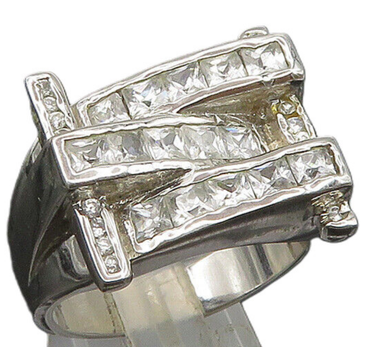 925 Sterling Silver  Vintage Cubic Zirconia Large Band Ring Sz 11  RG23613