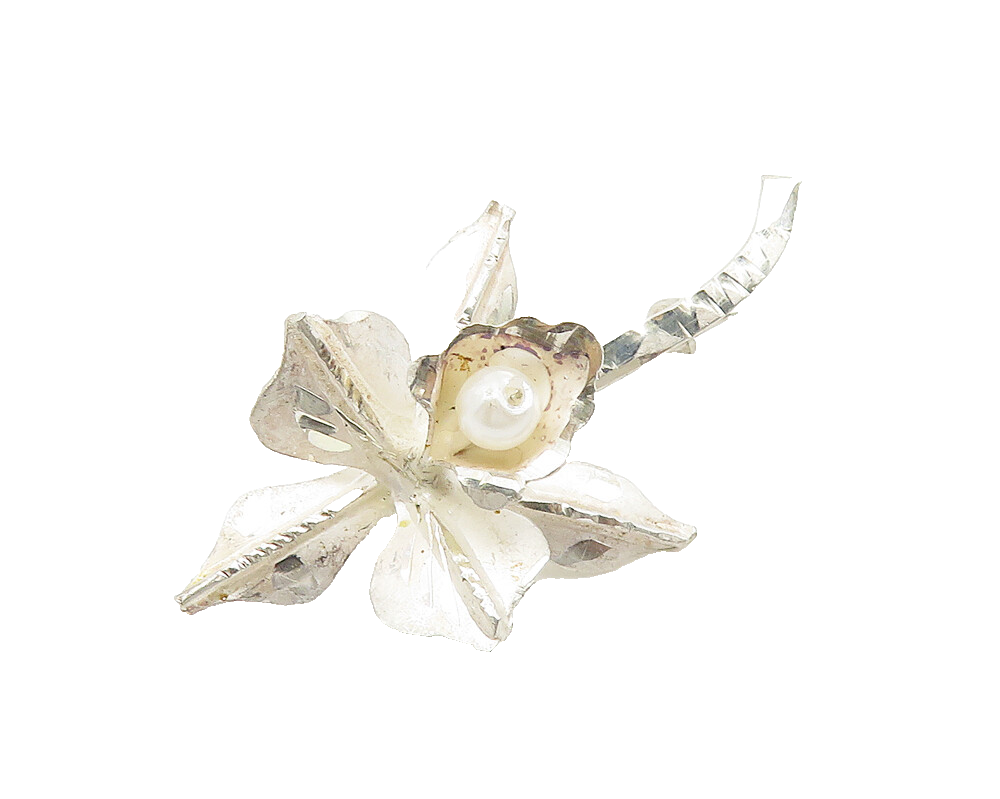 925 Sterling Silver  Freshwater Pearl Sculpted Flower Shiny Brooch Pin  BP4270