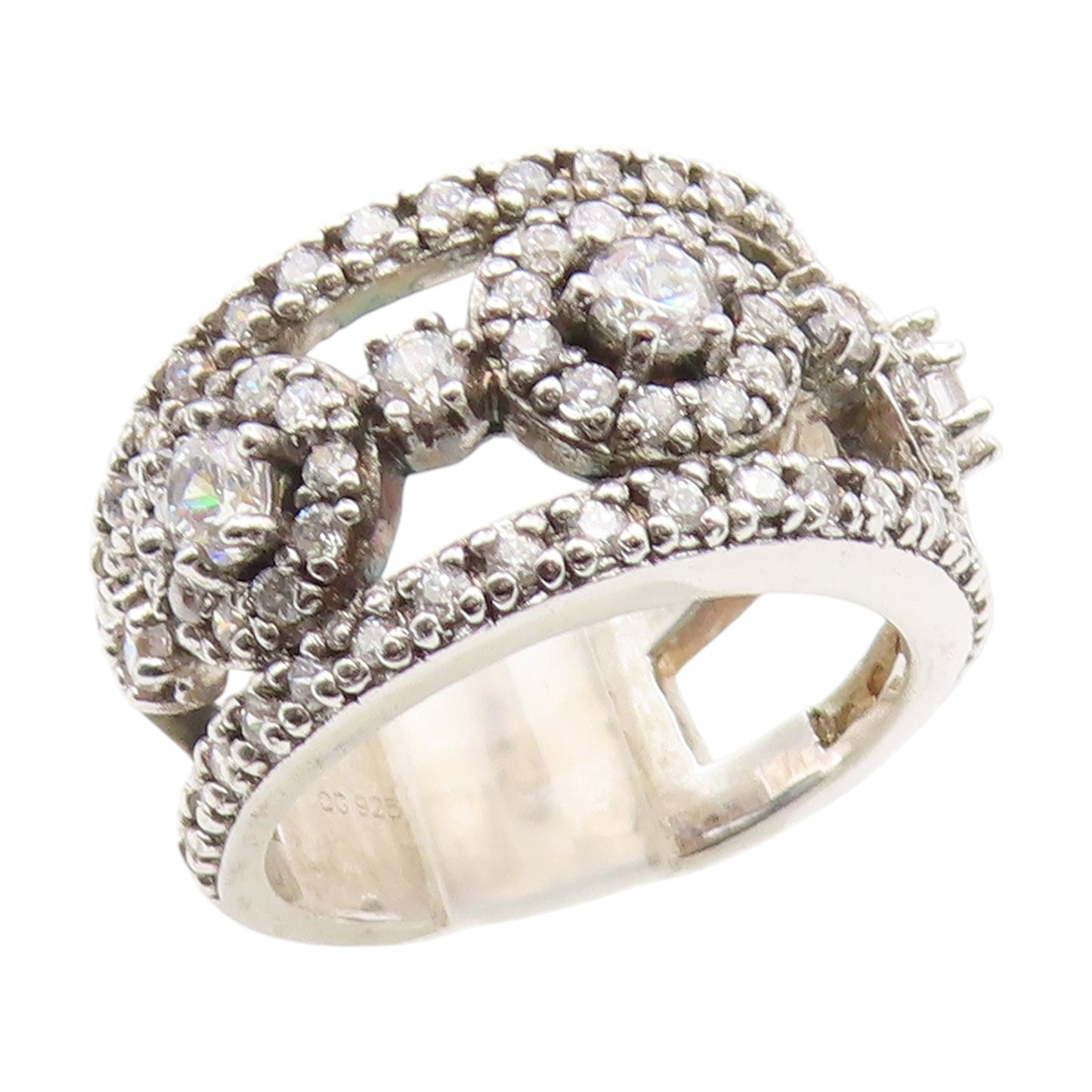 925 Sterling Silver Vintage Ring CZ Halo Circles Openwork Band  Sz 8  RG35148