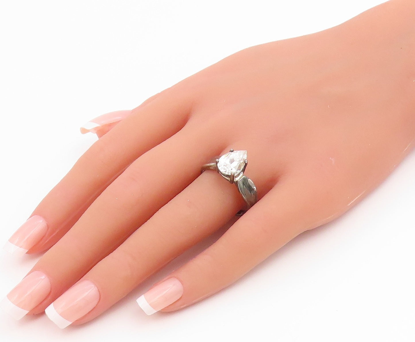 925 Sterling Silver Vintage Ring Pear Cut CZ Solitaire Band  Sz 10  RG35484