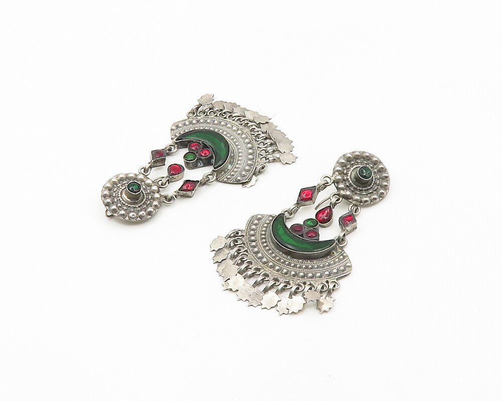 925 Sterling Silver  Vintage Red & Green Topaz Chandelier Earrings  EG9432