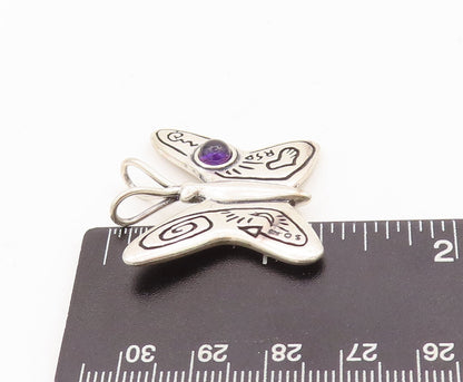 925 Sterling Silver Vintage Pendant Amethyst Swirly Etched Butterfly  PT23468