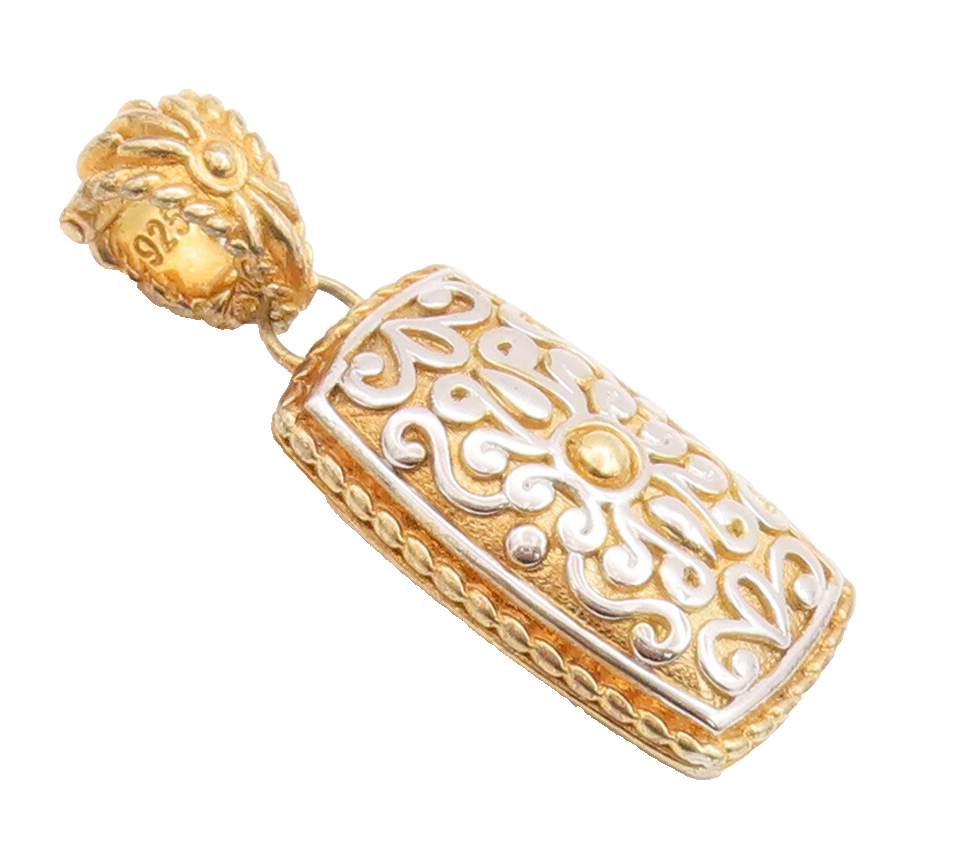 925 Sterling Silver Vintage Pendant Gold Plated Rectangle Swirly Carved  PT22546