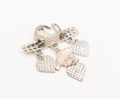 925 Sterling Silver  Vintage Dangling Pig, Heart Farm Life Brooch Pin  BP10331