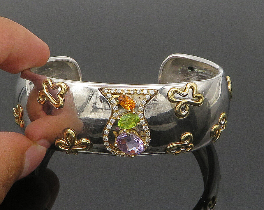 925 Silver & 14K GOLD  Vintage Genuine Diamonds & Citrine Cuff Bracelet BT8095