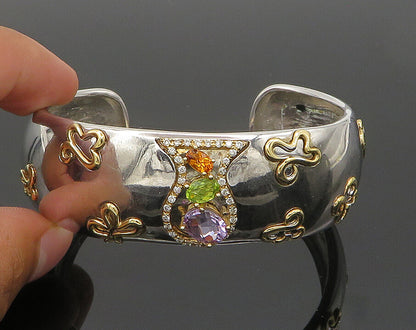 925 Silver & 14K GOLD  Vintage Genuine Diamonds & Citrine Cuff Bracelet BT8095