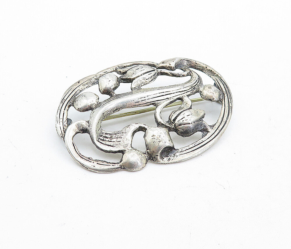 925 Sterling Silver  Vintage Antique Dark Tone Floral Vine Brooch Pin  BP1987