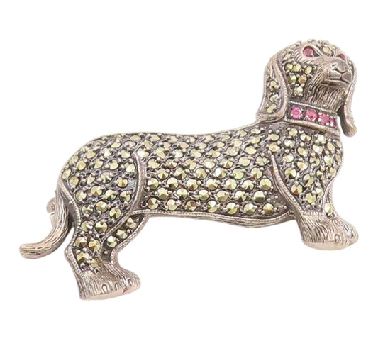 925 Sterling Silver Vintage Brooch Pin Ruby & Marcasite Dachshund Dog  BP12518