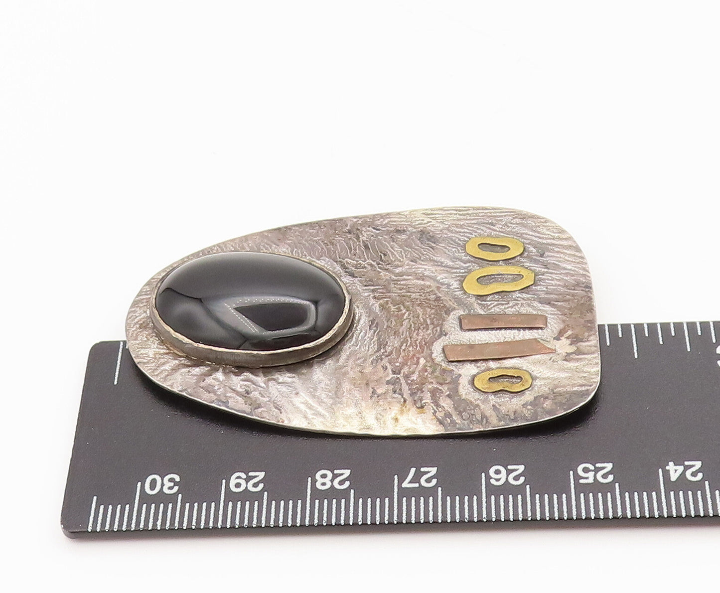 925 Sterling Silver  Vintage Modernist Hammered Large Onyx Brooch Pin  BP10319