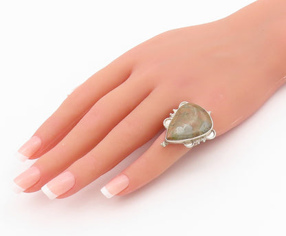 925 Sterling Silver Vintage Ring Carved Framed Drop Shape Gemstone Sz 5  RG33027