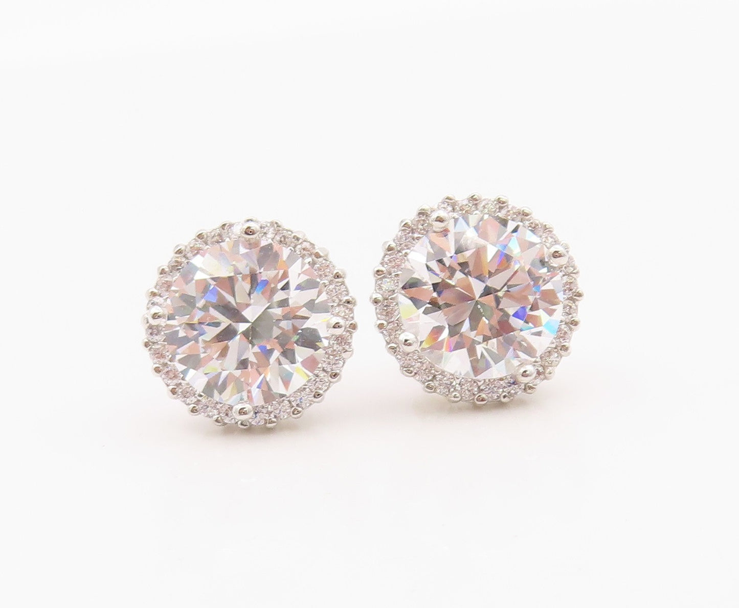 925 Sterling Silver Vintage Earrings Classic Round Cut CZ Halo Studs  EG14363