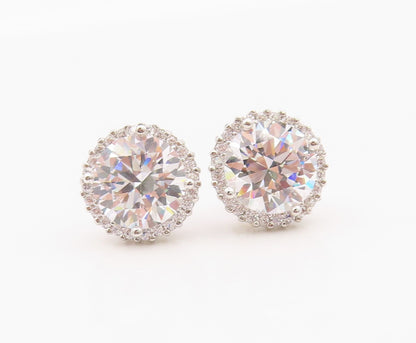925 Sterling Silver Vintage Earrings Classic Round Cut CZ Halo Studs  EG14363