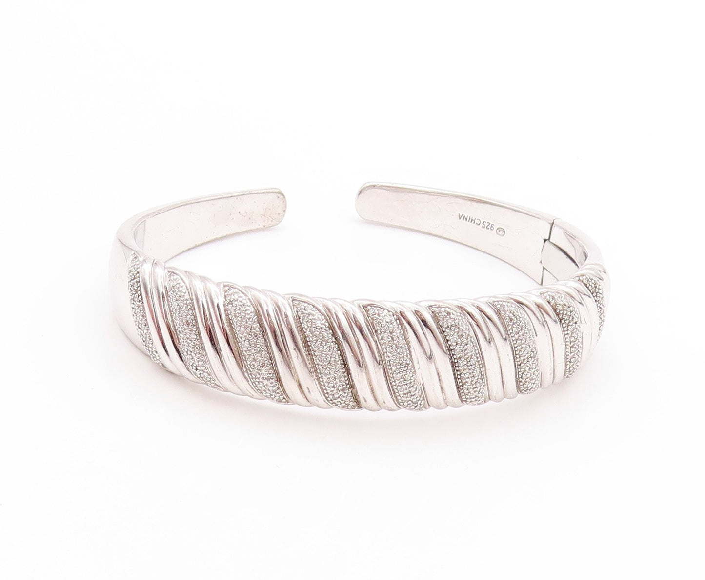 925 Sterling Silver Vintage Bracelet Swirls Etched Diamonds Inlay Cuff  BT11197