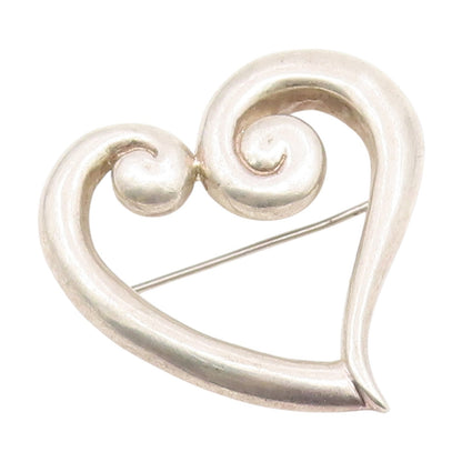 925 Sterling Silver Vintage Brooch Pin Modernist Swirly Open Love Heart  BP12388