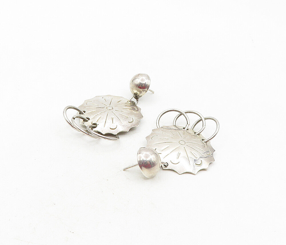 MEXICO 925 Silver  Vintage Shiny Floral Etched Design Dangle Earrings  EG4676