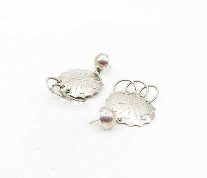 MEXICO 925 Silver  Vintage Shiny Floral Etched Design Dangle Earrings  EG4676