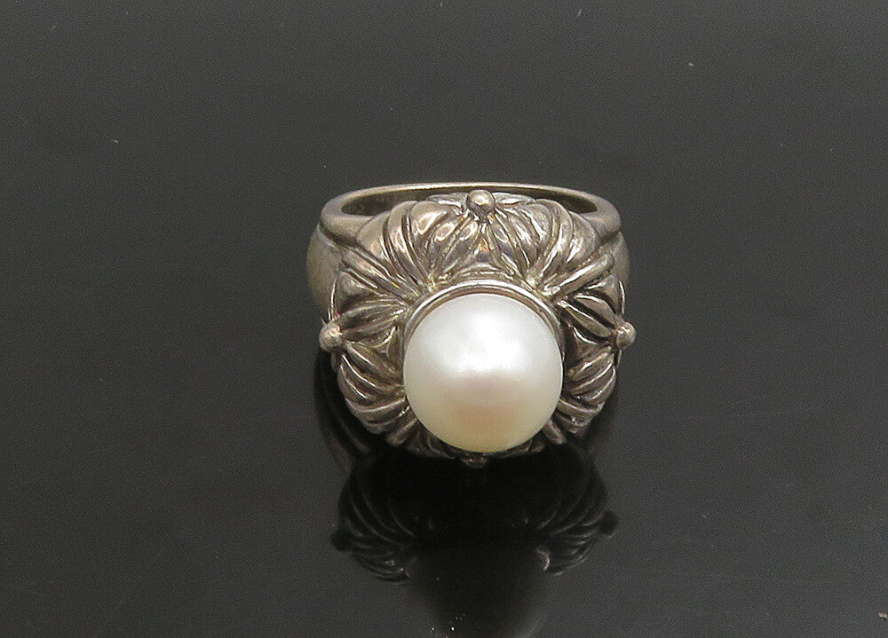 925 Sterling Silver   Vintage Cultured Pearl Floral Cocktail Ring Sz 8 RG23372