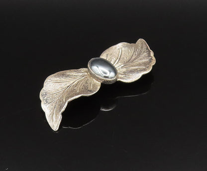 ISRAEL 925 Silver  Vintage Oval Hematite Double Leaf Wings Brooch Pin  BP9746