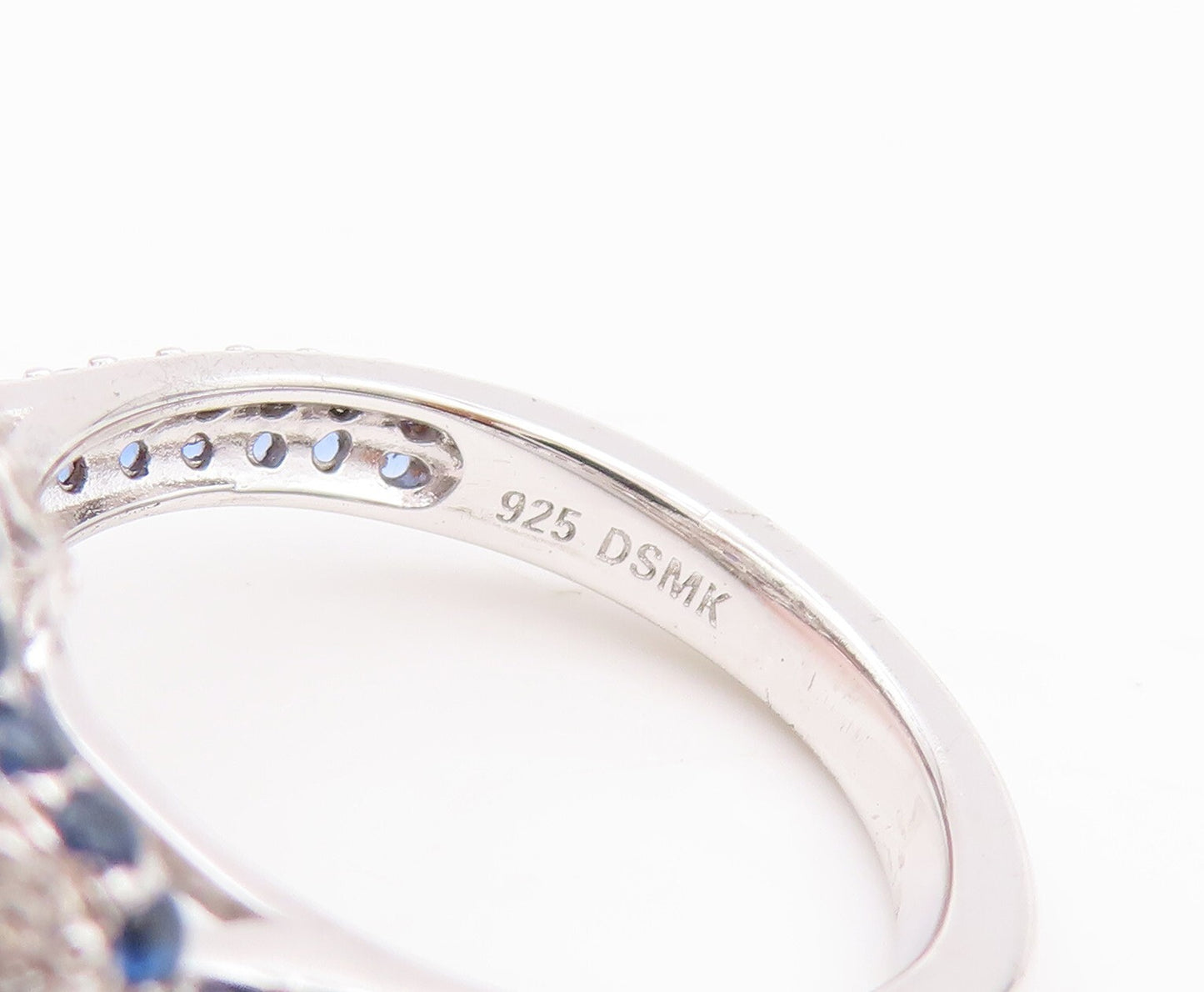 925 Sterling Silver Vintage Ring Designer Blue & White CZ Inlay  Sz 7  RG29594