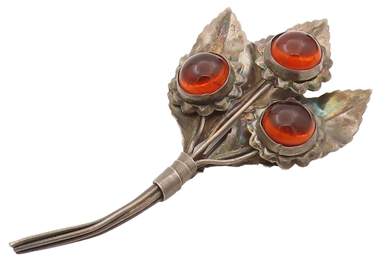 925 Silver  Vintage Cabochon Citrine Flower & Leaf Bouquet Brooch Pin  BP10268