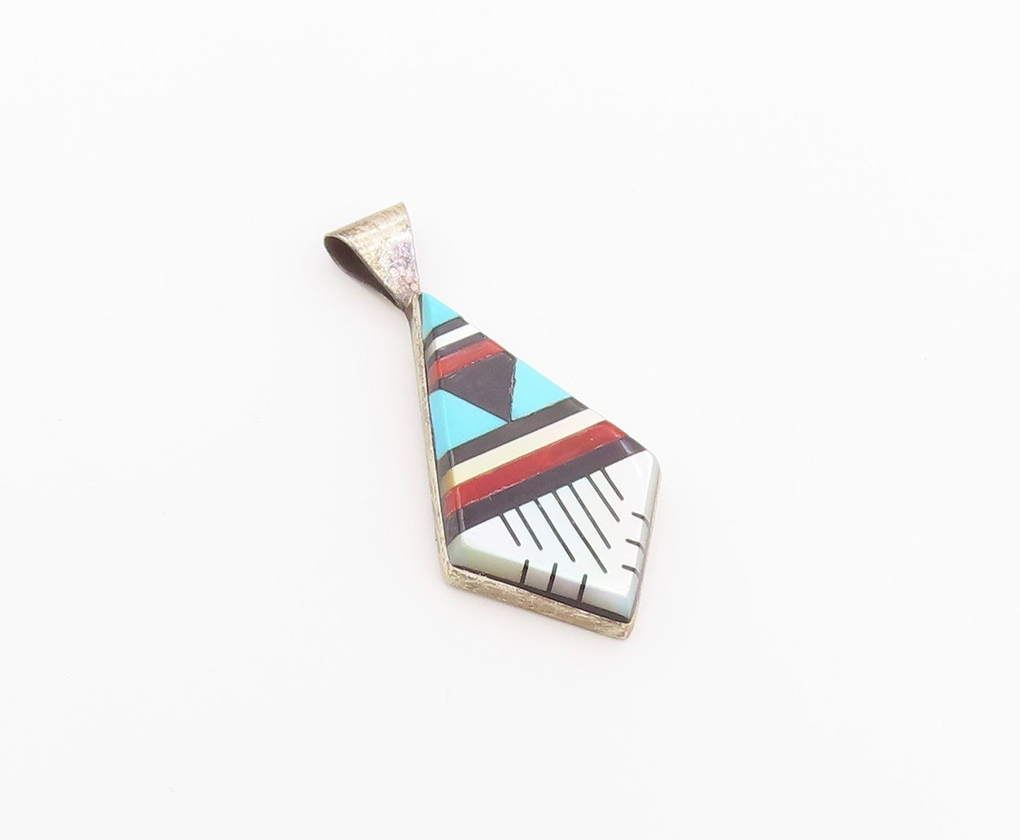 925 Sterling Silver Vintage Pendant NAVAJO ZUNI Gemstone Geometric Inlay PT26424