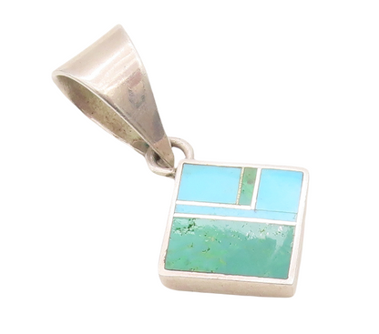 925 Sterling Silver Vintage Pendant NAVAJO Rectangular Inlay Turquoise  PT23494