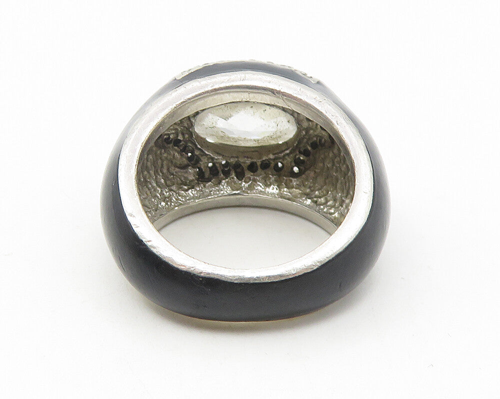 925 Sterling Silver  Vintage Cubic Zirconia & Enamel Band Ring Sz 6  RG11178