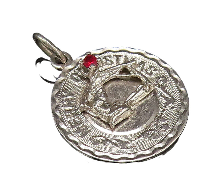 925 Silver  Vintage Engraved Merry Christmas Garnet Medal Pendant  PT21096