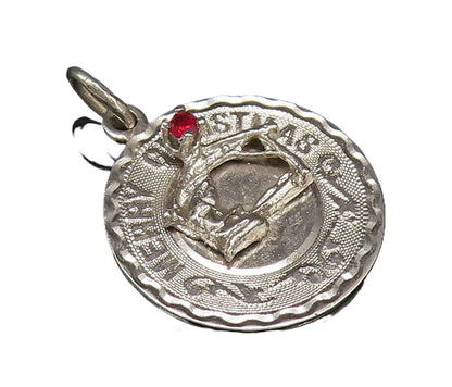 925 Silver  Vintage Engraved Merry Christmas Garnet Medal Pendant  PT21096