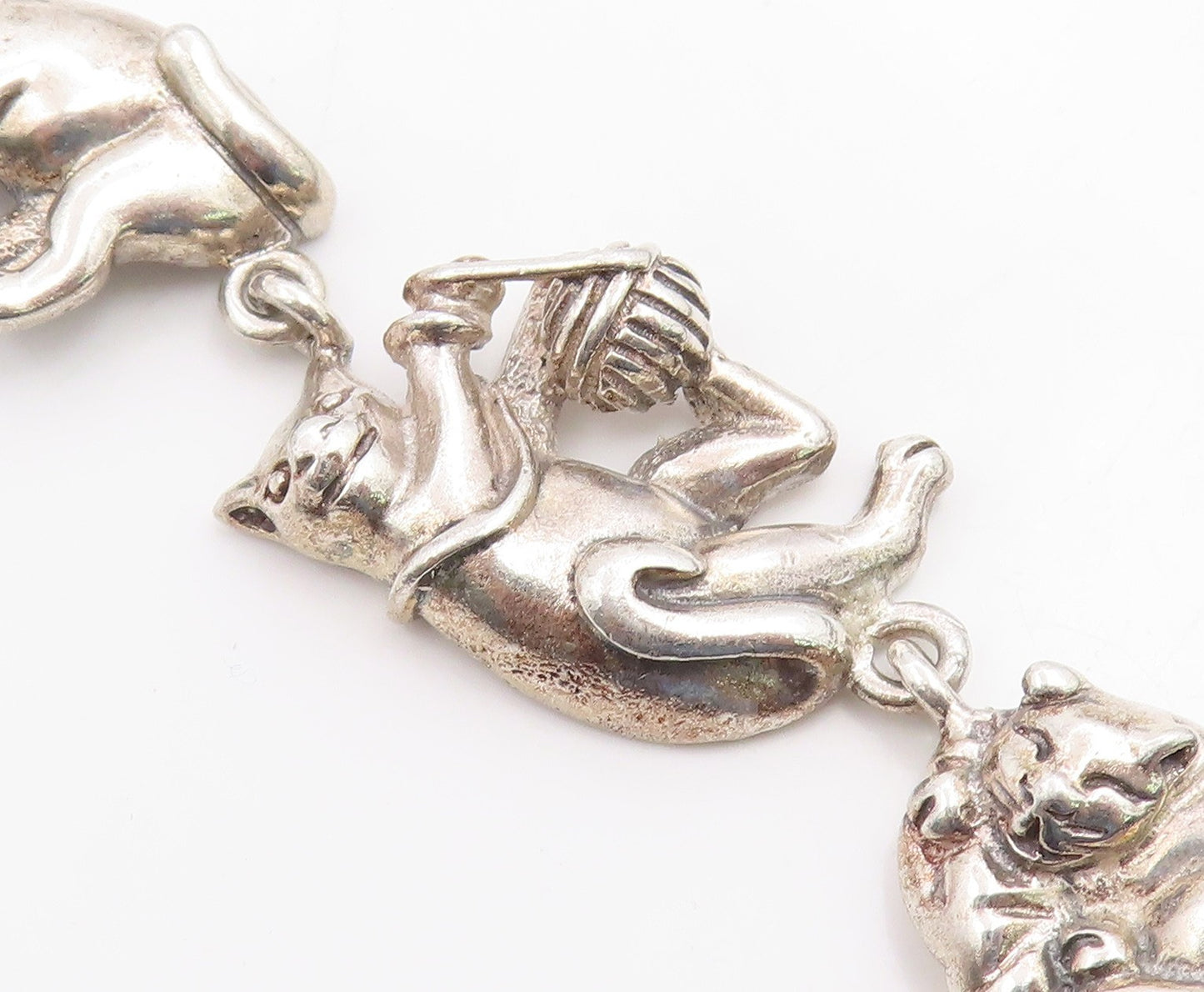 925 Sterling Silver Vintage Bracelet MEXICO Figural Playing Cats Link  BT12046