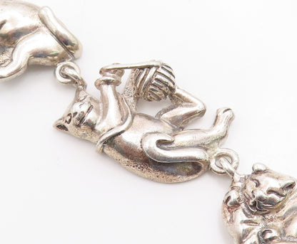 925 Sterling Silver Vintage Bracelet MEXICO Figural Playing Cats Link  BT12046