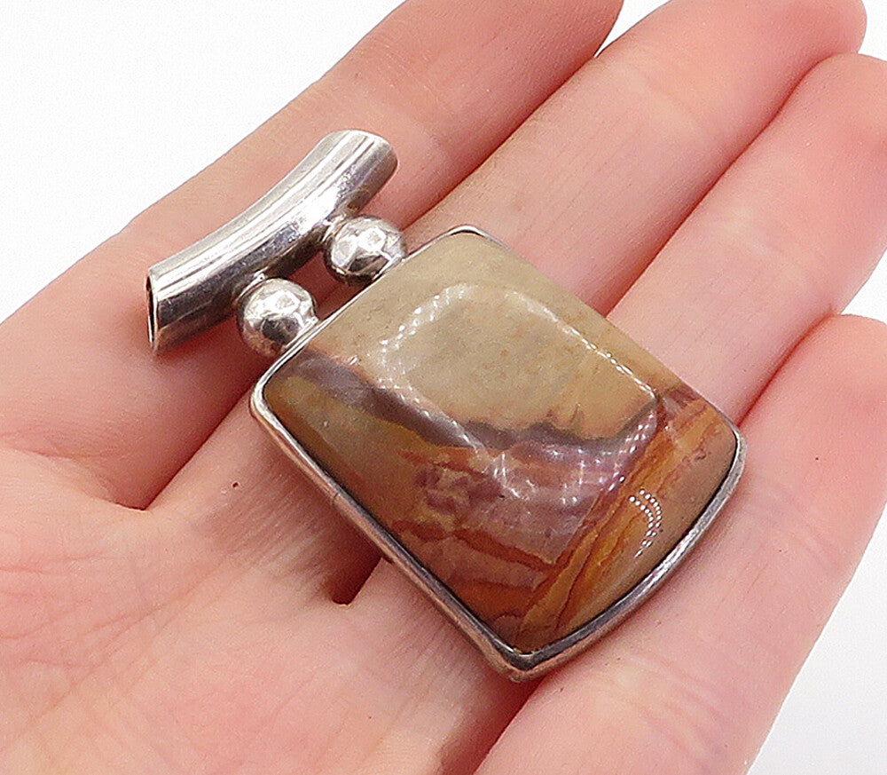 925 Sterling Silver  Vintage Cabochon Cut Agate Square Slide Pendant  PT4602