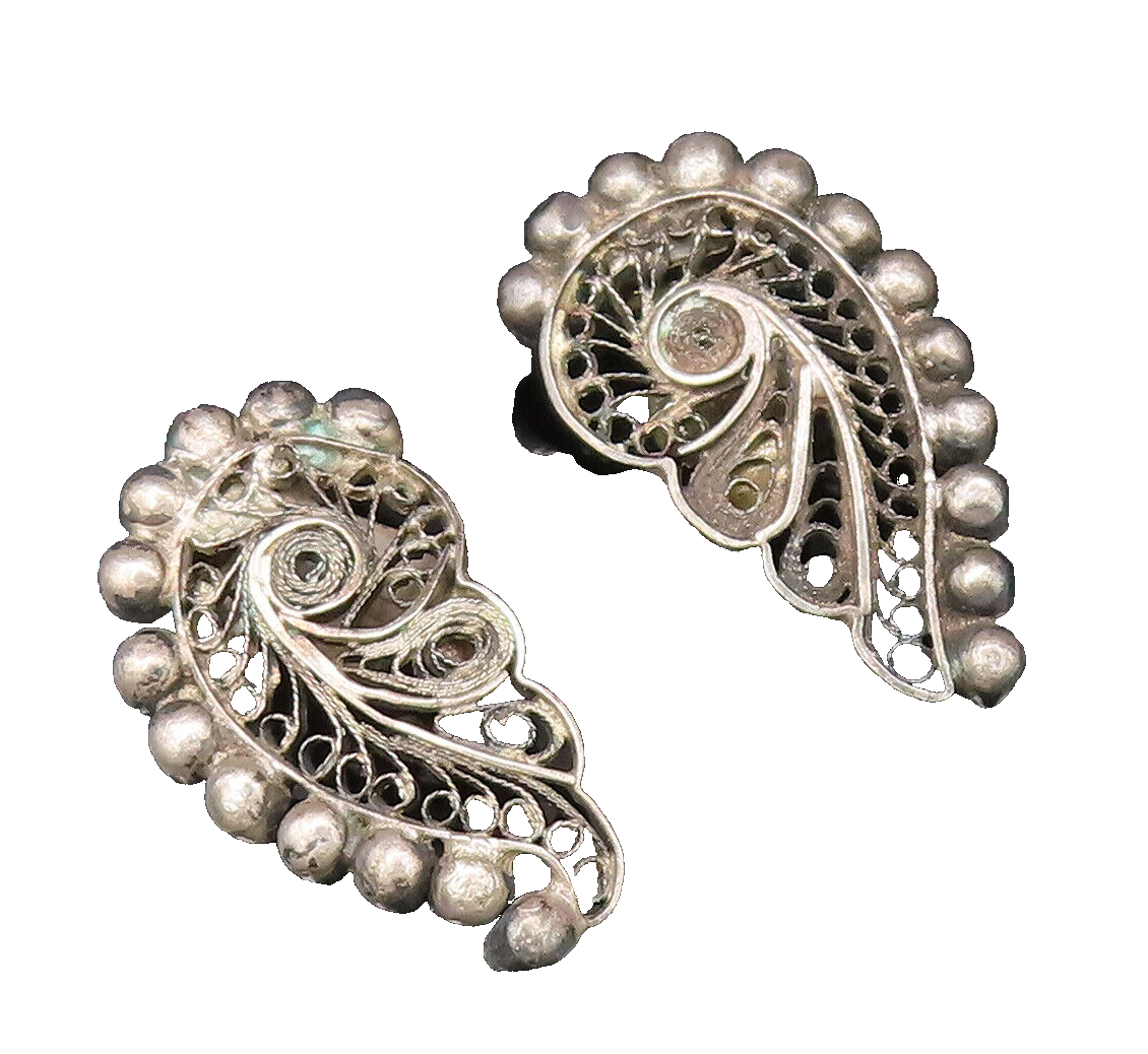 925 Silver  Vintage Antique Beaded & Filigree Swirl Clip Back Earrings EG12264