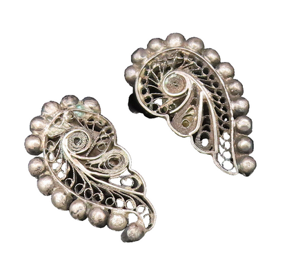 925 Silver  Vintage Antique Beaded & Filigree Swirl Clip Back Earrings EG12264