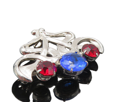 FRENCH 925 Sterling Silver  Red & Blue Topaz Shiny Floral Brooch Pin  BP3563