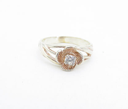 925 Sterling Silver  Vintage Cubic Zirconia Flower Solitaire Ring Sz 6  RG5056