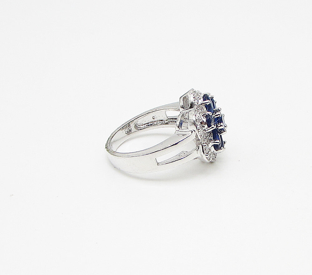 925 Silver  Blue Topaz & White Cubic Zirconia Floral Cocktail Ring Sz 7  RG3437