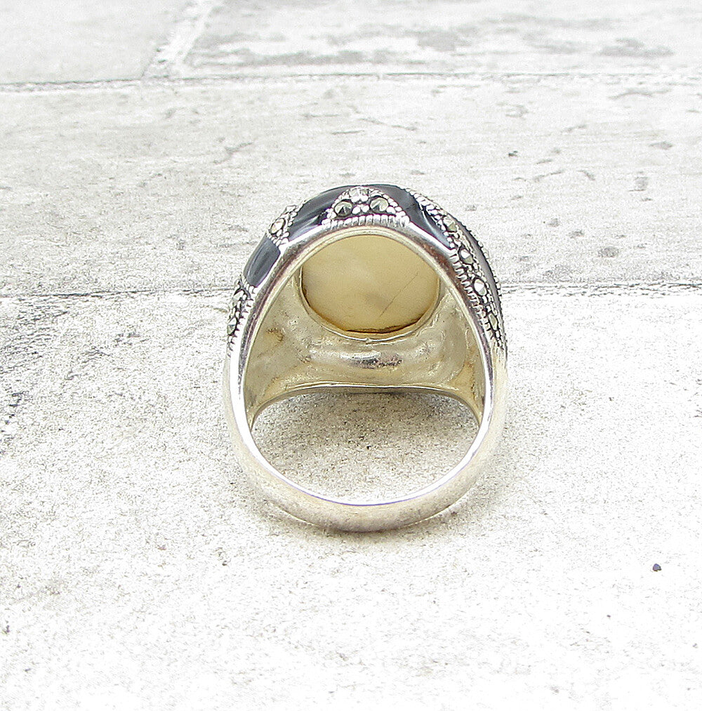 925 Sterling Silver  Bezel Set Opal & Marcasite Cocktail Ring Sz 9  RG1565