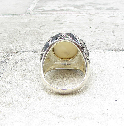 925 Sterling Silver  Bezel Set Opal & Marcasite Cocktail Ring Sz 9  RG1565