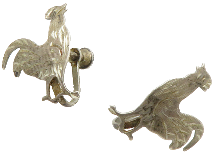 925 Sterling Silver  Vintage Petite Rooster Motif Non Pierce Earrings  EG6936