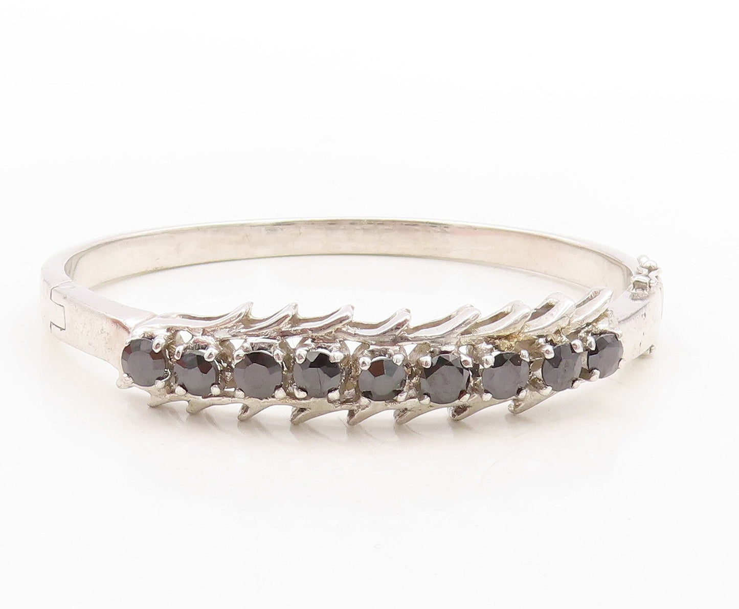 925 Sterling Silver Vintage Bracelet Spikey Carved Black Diamonds Bangle BT10971