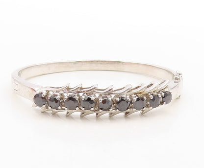 925 Sterling Silver Vintage Bracelet Spikey Carved Black Diamonds Bangle BT10971
