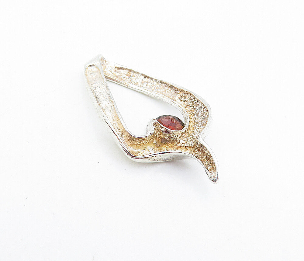 925 Sterling Silver  Vintage Red Topaz Shiny Smooth Open Design Pendant PT5184