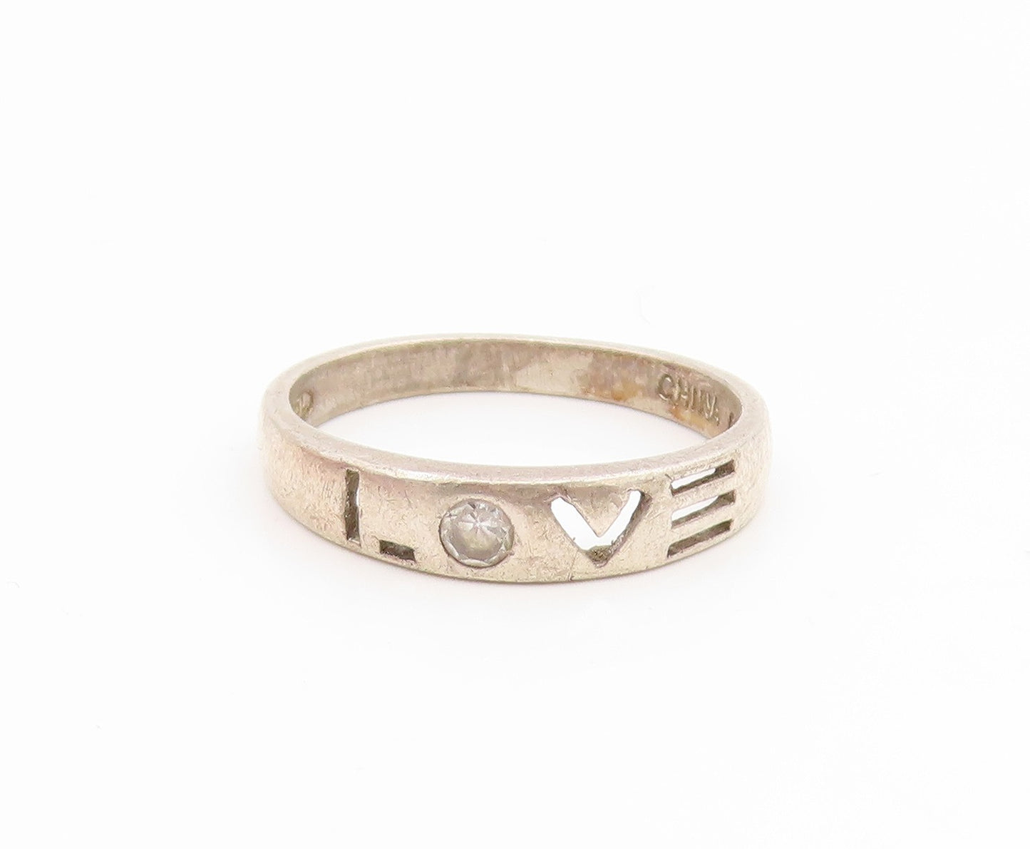 925 Sterling Silver Vintage Ring Modernist CZ Love Cutout Band  Sz 6  RG35219